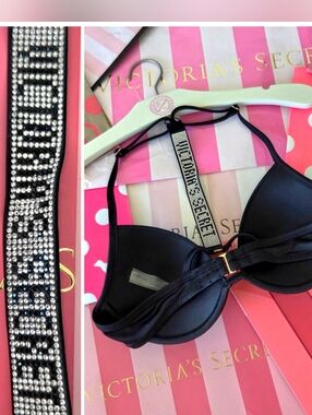 Victoria's Secret Shine Strap Fabulous Push Up T Strap Bikini Swim Top Black NWT